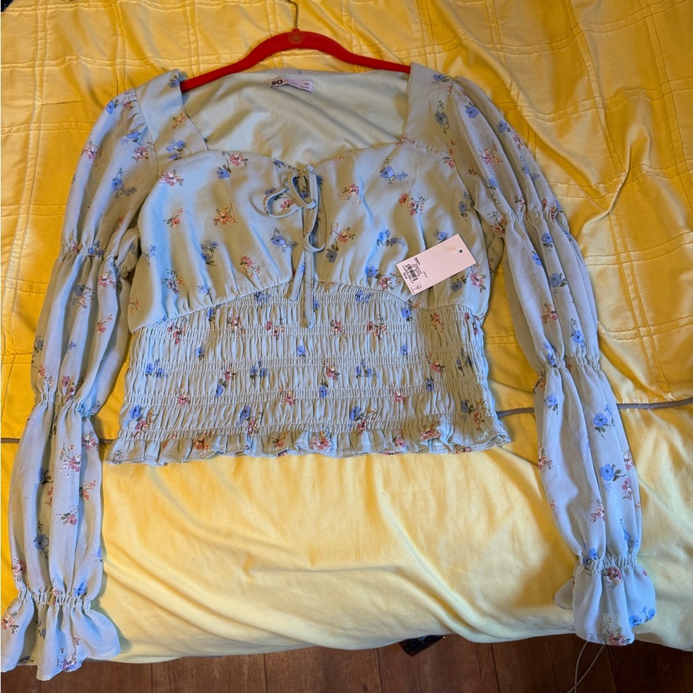 SO Light Green Floral Smocked Blouse